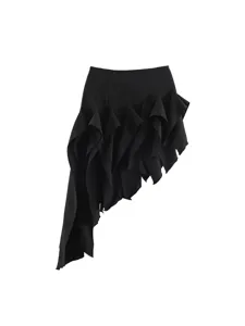 Black Asymmetrical Ruffle Skirt High Waist Drape Flowy Midi Skirt Women Fashion
