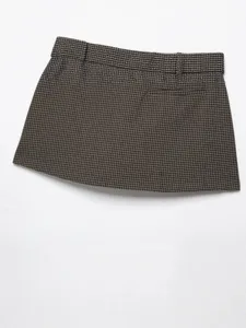 Womens brown plaid mini skirt A-line style with belt loops autumn fashion main view display.