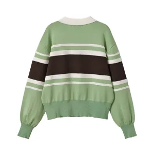 Striped polo knit sweater detail view, showing the contrast color pattern and ribbed collar.