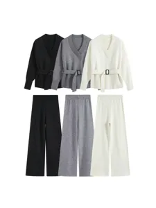 Women Knit 2 Piece Set V Neck Cardigan Long Sleeve Sweater With Belt Wide Leg Pants Solid Casual Fashion Autumn Lounge Wear