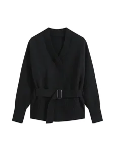 Women's Black V-Neck Belted Knit Cardigan Casual Long Sleeve Sweater Top Main View
