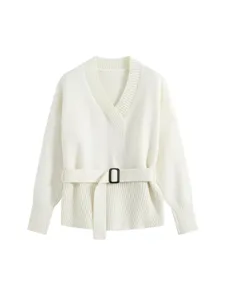 Women white V-neck knit sweater with belt, elegant long sleeve casual pullover top.