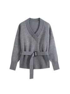Grey V-neck knitted sweater for women with a stylish matching belt, casual autumn top.