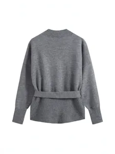 Women casual grey knitted sweater with belt, solid color long sleeve pullover for autumn.