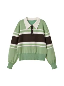 Women's Striped Polo Collar Knit Sweater Casual Contrast Color Drop Shoulder Loose Cropped Long Sleeve Pullover Top