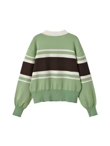 Trendy Women Colorblock Striped Polo Collar Drop Shoulder Loose Short Knit Sweater Top