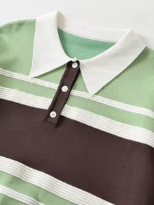 Women autumn colorblocking striped polo collar knitted shirt casual short top sweater.