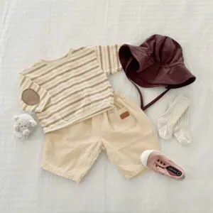 Toddler kids striped long sleeve t-shirt casual shorts set autumn children clothing detail view