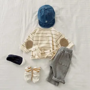 Kids casual striped long sleeve t-shirt set with trousers and accessories for spring autumn.