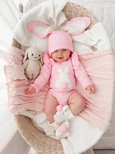 Cute baby pink bunny knit romper and long-eared hat set, autumn winter infant cute outfit.