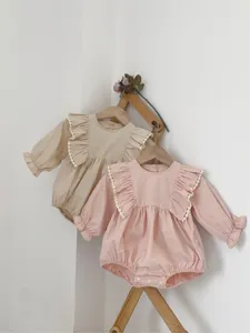 Korean baby girl long sleeve ruffle romper spring infant bodysuit with delicate lace trim.