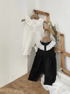 Detail shot of baby summer thin pure cotton rompers with sweet lace collar, two colors.