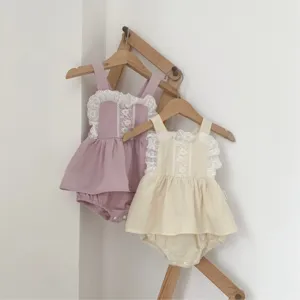 Cute baby girl cotton lace strap romper, adorable skirt style infant baby crawler, soft and comfy.