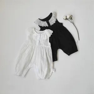 Cute baby summer cotton romper with sweet lace collar, breathable infant jumpsuit.