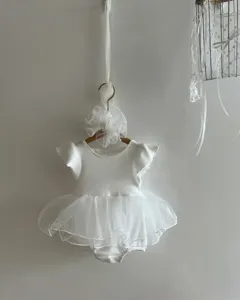 Blanc bébé fille été mignon tulle nœud papillon volants barboteuse nourrisson robe fille