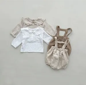 Bébé tout-petit coton manches longues chemisier à volants et short à bretelles été