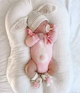 Newborn baby girl knit romper hat socks set autumn winter cute bunny long ear outfit