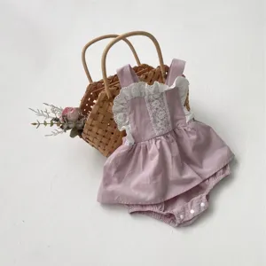 Adorable baby girl cotton lace strap romper dress with sweet floral embroidery for infants.