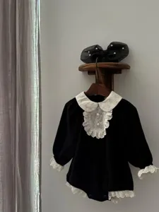 Infant baby girl black romper lace collar pearl button French court style bodysuit