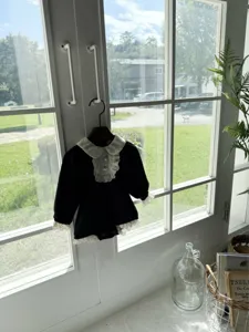 Toddler girl black romper French style lace collar pearl button infant bodysuit apparel