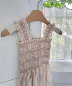 Baby girl summer smocked strap romper cute pink striped infant clothing fine detail view
