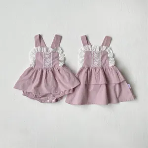Cute baby girls cotton romper and dress set with sweet white lace embroidery ruffles.