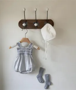 Baby girl summer blue plaid smocked romper with cute white bonnet and socks detail display