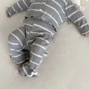Infant baby rib knit stripe cardigan long sleeve top and pants set for spring autumn daily wear.