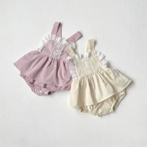 Toddler baby girls pure cotton lace strap romper, cute ruffle skirt baby bodysuit details.