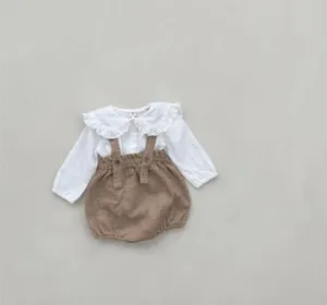 Ensemble chemisier manches longues et short à bretelles bébé, tenue été coton mignon.