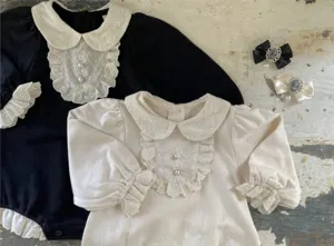 Baby girls elegant lace collar long sleeve romper vintage style infant jumpsuit cute set