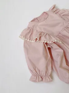 Pink baby girls long sleeve romper with large ruffle lace collar sweet infant bodysuit cute