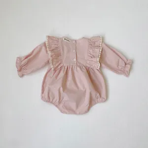 Baby pink long sleeve cotton romper with cute ruffles and lace trim for infant girls daily.