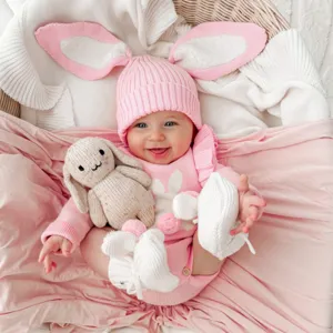 Infant baby autumn winter knit bunny romper set with long ear hat and plush toy for cute girls.