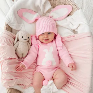 Infant Autumn Winter Cotton Long Sleeve Rabbit Romper Matching Hat Pom-pom Baby Bodysuit Cute Knit Set