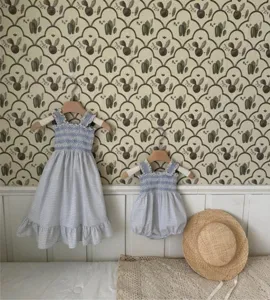 Summer baby toddler girls blue plaid smocked strap dress and cute sleeveless romper set detail view