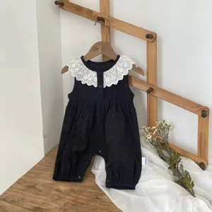 Summer infant baby girl pure cotton black romper sweet lace collar cute baby jumpsuit