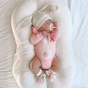 Newborn Baby Rabbit Ear Knit Romper Hat Set Infant Cute Autumn Winter Bodysuit Pompom Outfit