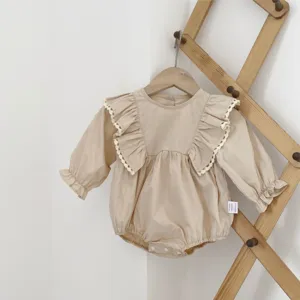 Cute baby girl long sleeve romper with sweet ruffles and lace trim, soft cotton everyday wear.