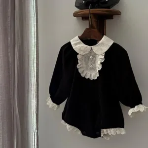 Baby girls elegant black romper with white lace collar pearl buttons infant boutique bodysuit