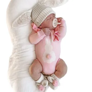 Baby winter knit romper set with bunny hat, cute newborn infant pink jumpsuit with pom-pom.
