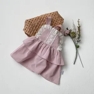 Gedetailleerd overzicht van roze babyjurk voor meisjes met witte kantrand en gelaagde rok.