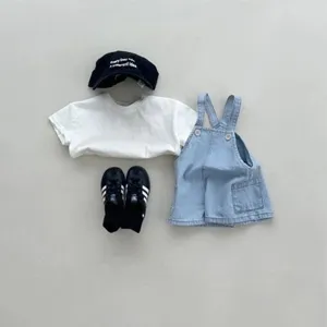 Children denim overalls outfit set with t-shirt hat and sneakers for spring autumn daily wear