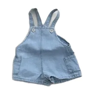 Baby denim overall shorts for toddlers, light blue cute summer baby clothes with side pockets.