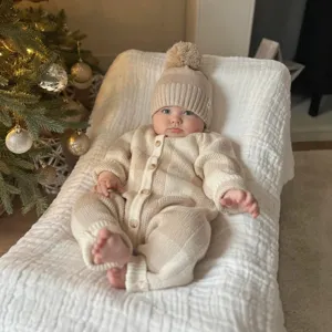 Bebé Tejido Mameluco a Cuadros con Sombrero Conjunto Manga Larga Invierno Ropa Tierna
