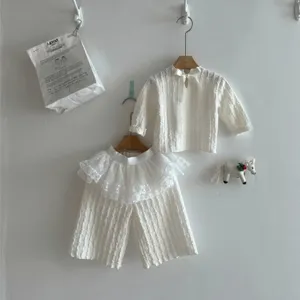 Infant Toddler Baby Girls Fall Outfit Long Sleeve Jacquard Top And Wide Leg Pants Set Cute Bow Children Clothing