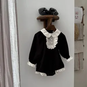 Baby girl vintage lace collar long sleeve romper cute pearl button bodysuit infant apparel.
