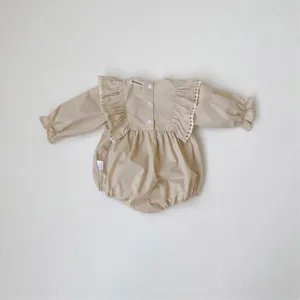 Baby girl long sleeve romper with large ruffle lace trim cute cotton baby bodysuit beige
