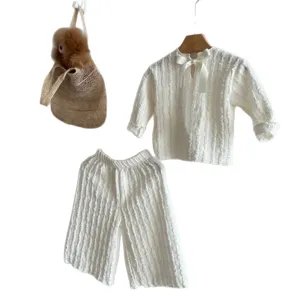 Baby girls autumn cute jacquard long sleeve top and wide leg pants clothing set white main