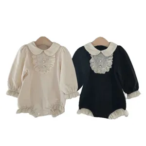 Baby girl french style lace collar long sleeve romper infant cute bow bodysuit toddler clothes